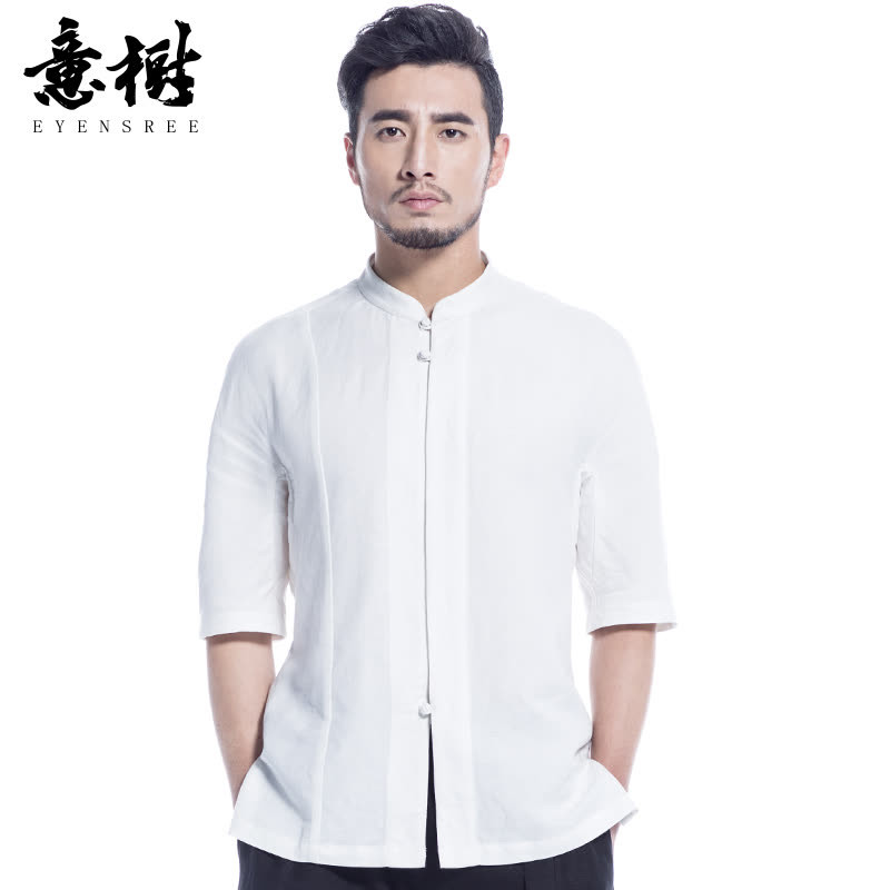 意树2016夏季新款原创中国风男装立领中袖衬衣白色亚麻短袖衬衫男