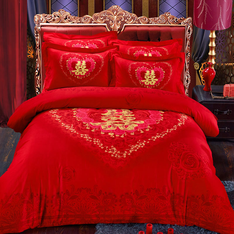 雅巢家纺全棉婚庆四件套 纯棉结婚床上用品 加厚磨毛大红色1.8m